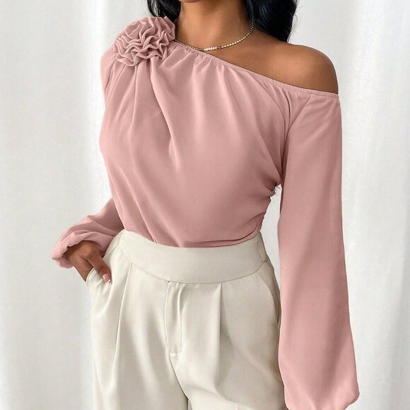 Baby Pink Elegant Women's Irregular Shoulder Shirt With 3d Flower Decoration - Picture 3 of 5